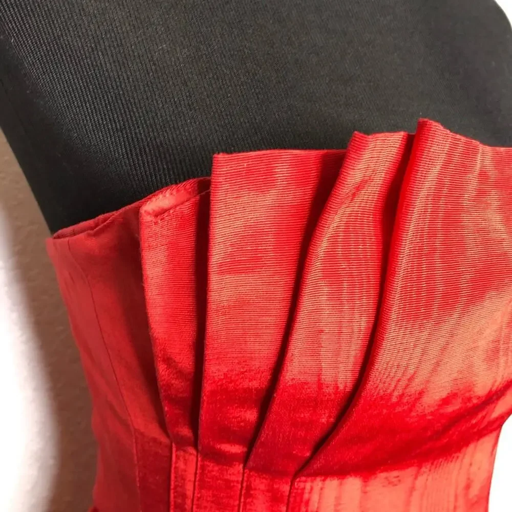 Vintage red silk pleated gathered strapless formal dress size 6